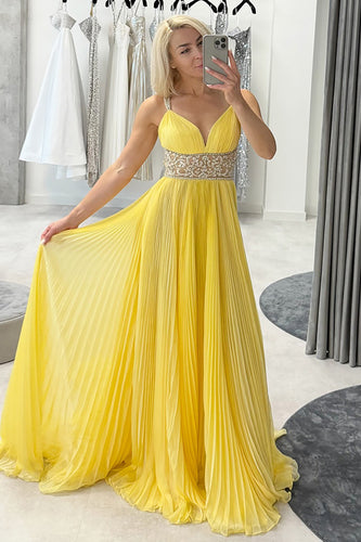Sparkly Yellow Pleated Chiffon V-Neck A-Line Long Prom Dress with Beading