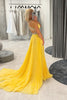 Load image into Gallery viewer, Sparkly Yellow Pleated Chiffon V-Neck A-Line Long Prom Dress with Beading