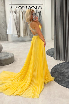 Sparkly Yellow Pleated Chiffon V-Neck A-Line Long Prom Dress with Beading