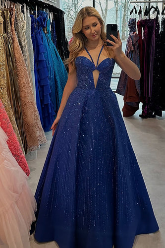 Sparkly Dark Blue Halter Satin A-Line Long Prom Dress with Beading