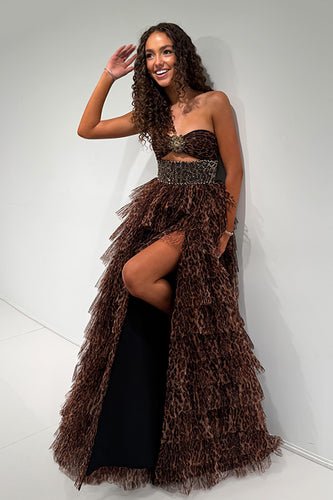 Sparkly Brown Leopard Sweetheart Cut Out Ruffled Long Prom Dress with Beading