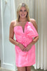 Load image into Gallery viewer, Pink Satin Strapless Tight Short Prom Dress with Bow