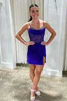 Load image into Gallery viewer, Sparkly Purple Spaghetti Straps Satin Tight Short Corset Prom Dress with Beading