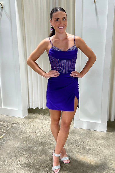 Sparkly Purple Spaghetti Straps Satin Tight Short Corset Prom Dress with Beading