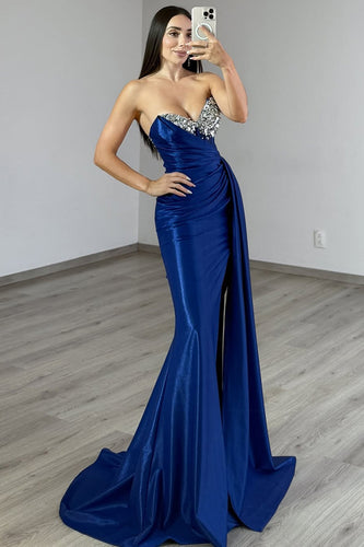 Sparkly Navy Satin Sweetheart Long Corset Prom Dress with Rhinestones