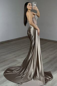 Sparkly Grey Mermaid Satin Long Corset Prom Dress with Slit