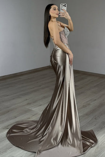 Sparkly Grey Mermaid Satin Long Corset Prom Dress with Slit