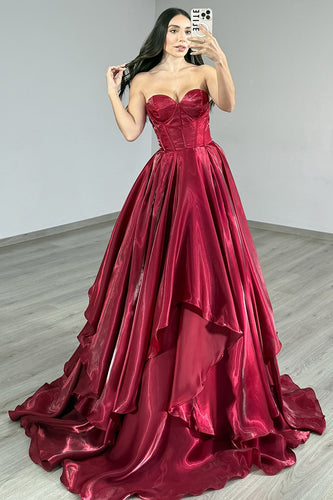 Burgundy Corset A Line Long Prom Dress with Ruffles