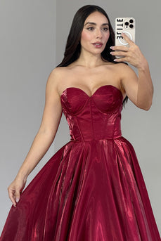 Burgundy Corset A Line Long Prom Dress with Ruffles