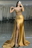 Load image into Gallery viewer, Sparkly Golden Mermaid Satin Beaded Long Corset Prom Dress with Slit