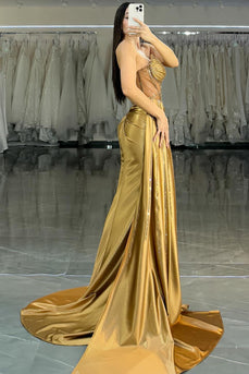 Sparkly Golden Mermaid Satin Beaded Long Corset Prom Dress with Slit