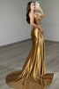 Load image into Gallery viewer, Sparkly Golden Mermaid Satin Beaded Long Corset Prom Dress with Slit