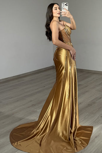 Sparkly Golden Mermaid Satin Beaded Long Corset Prom Dress with Slit