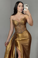 Load image into Gallery viewer, Sparkly Golden Mermaid Satin Beaded Long Corset Prom Dress with Slit