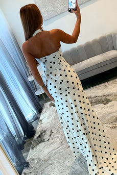 White Black Dot Halter Sheath Long Prom Dress with Slit
