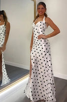 Load image into Gallery viewer, White Black Dot Halter Sheath Long Prom Dress with Slit
