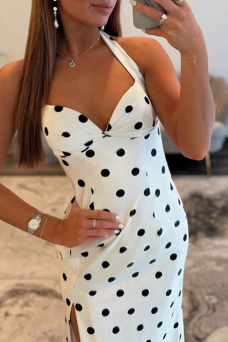 Load image into Gallery viewer, White Black Dot Halter Sheath Long Prom Dress with Slit