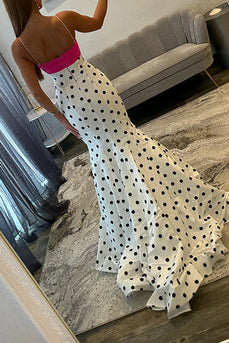 White Black Dot Mermaid Spaghetti Straps Satin Long Prom Dress with Sash