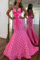 Load image into Gallery viewer, White Black Dot Mermaid Spaghetti Straps Satin Long Prom Dress with Sash