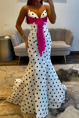 White Black Dot Mermaid Spaghetti Straps Satin Long Prom Dress with Sash