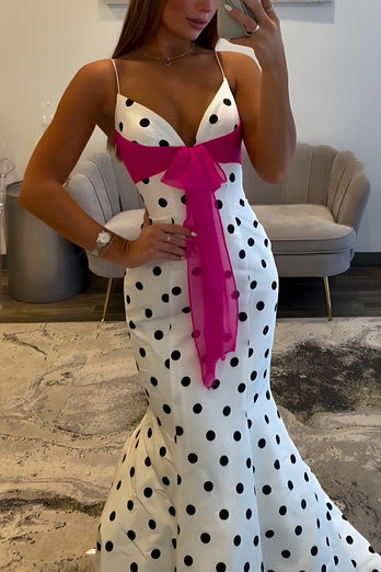 White Black Dot Mermaid Spaghetti Straps Satin Long Prom Dress with Sash