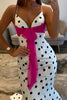 Load image into Gallery viewer, White Black Dot Mermaid Spaghetti Straps Satin Long Prom Dress with Sash