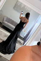 Load image into Gallery viewer, Sparkly Blush Sheath Satin Long Corset Ruched Prom Dress with Slit