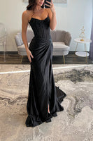 Load image into Gallery viewer, Sparkly Blush Sheath Satin Long Corset Ruched Prom Dress with Slit