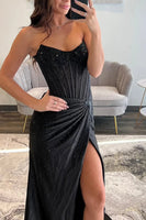 Load image into Gallery viewer, Sparkly Blush Sheath Satin Long Corset Ruched Prom Dress with Slit