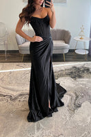 Load image into Gallery viewer, Sparkly Blush Sheath Satin Long Corset Ruched Prom Dress with Slit