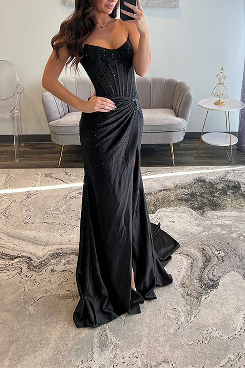 Load image into Gallery viewer, Sparkly Blush Sheath Satin Long Corset Ruched Prom Dress with Slit