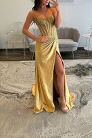 Load image into Gallery viewer, Sparkly Blush Sheath Satin Long Corset Ruched Prom Dress with Slit