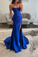 Load image into Gallery viewer, Sparkly Blush Sheath Satin Long Corset Ruched Prom Dress with Slit