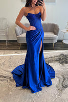 Load image into Gallery viewer, Sparkly Blush Sheath Satin Long Corset Ruched Prom Dress with Slit