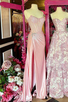 Load image into Gallery viewer, Sparkly Blush Sheath Satin Long Corset Ruched Prom Dress with Slit