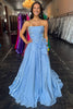 Load image into Gallery viewer, Sparkly Blue A Line Strapless Ruffled Long Prom Dress with Rhinestones