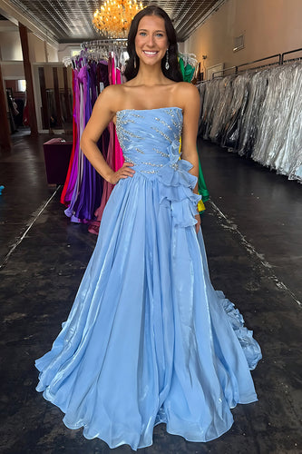 Sparkly Blue A Line Strapless Ruffled Long Prom Dress with Rhinestones