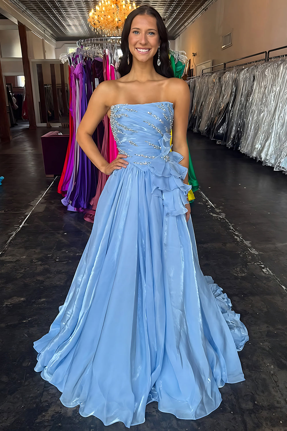 Sparkly Blue A Line Strapless Ruffled Long Prom Dress with Rhinestones