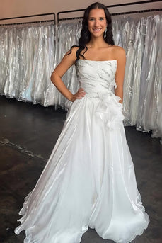 Sparkly Blue A Line Strapless Ruffled Long Prom Dress with Rhinestones