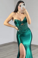 Load image into Gallery viewer, Sparkly Dark Green Satin Cut Out Long Corset Prom Dress with Beading