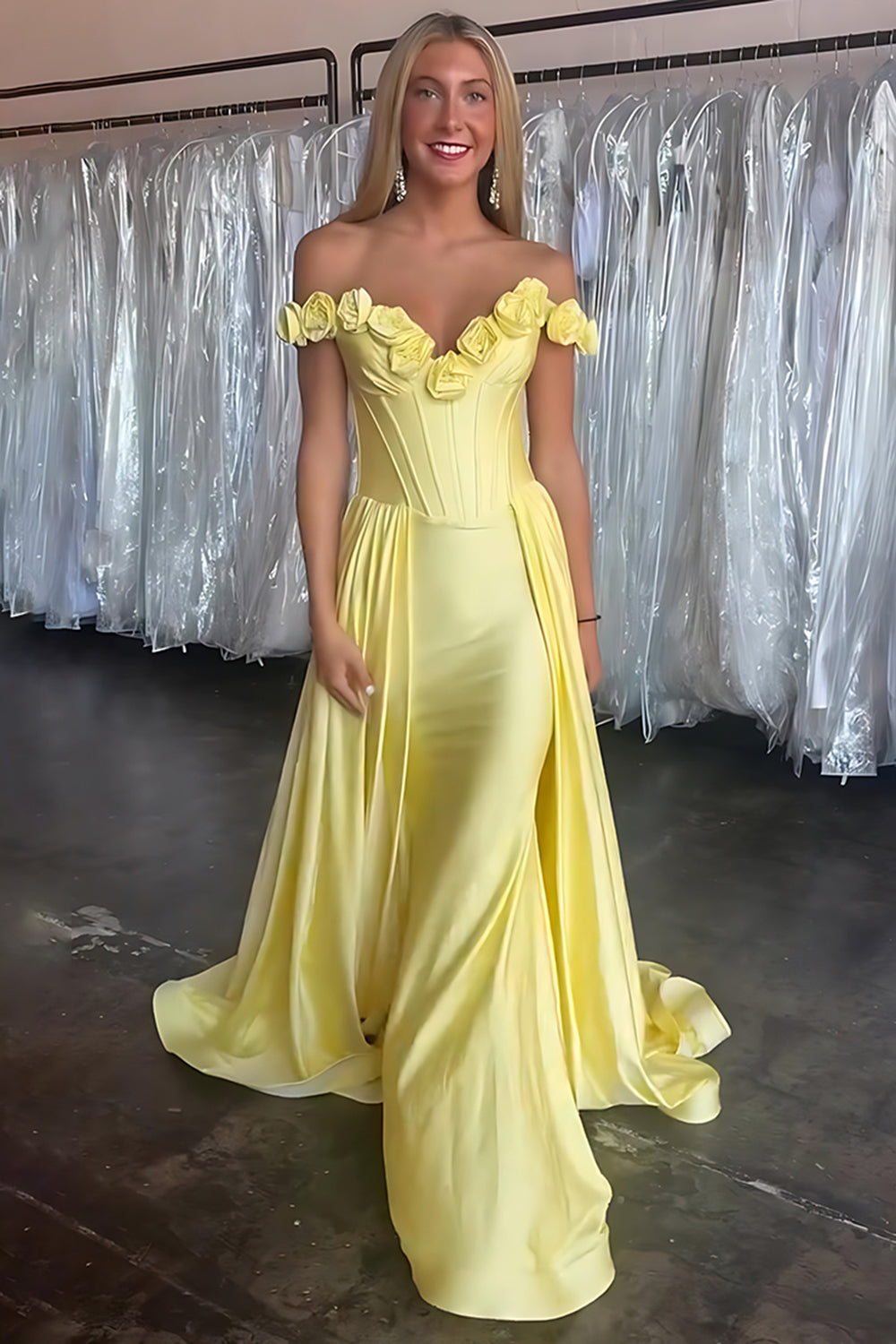 Yellow Floral Off the Shoulder Satin Long Corset Prom Dress with Cape