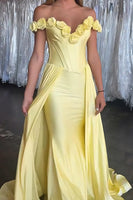 Load image into Gallery viewer, Yellow Floral Off the Shoulder Satin Long Corset Prom Dress with Cape