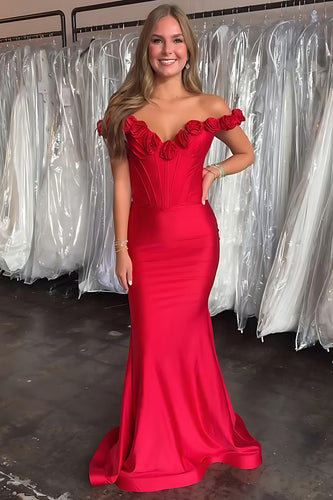 Floral Red Mermaid Satin Off the Shoulder Long Corset Prom Dress