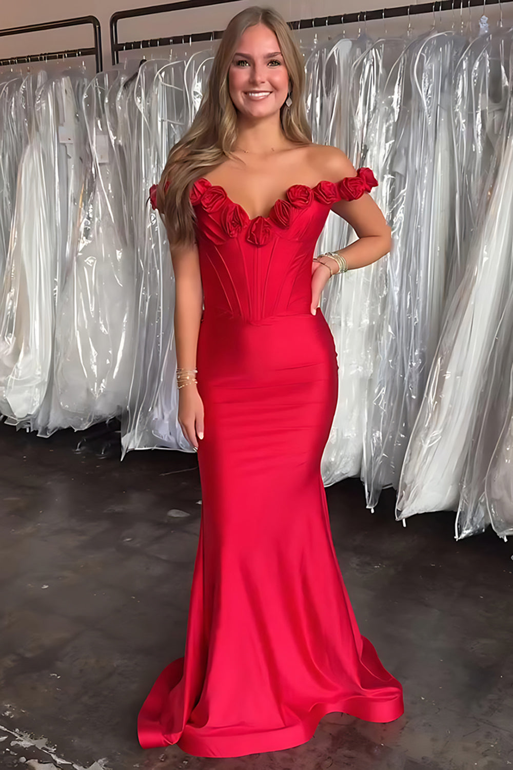 Floral Red Mermaid Satin Off the Shoulder Long Corset Prom Dress
