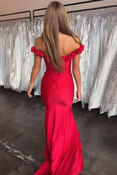 Floral Red Mermaid Satin Off the Shoulder Long Corset Prom Dress