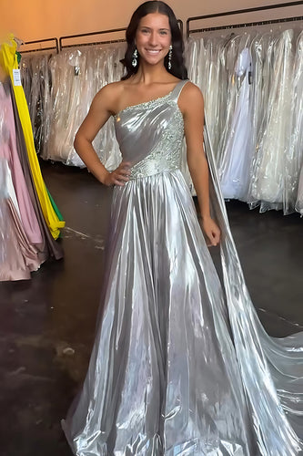 Sparkly Silver Metallic One Shoulder Beaded Long Prom Dress