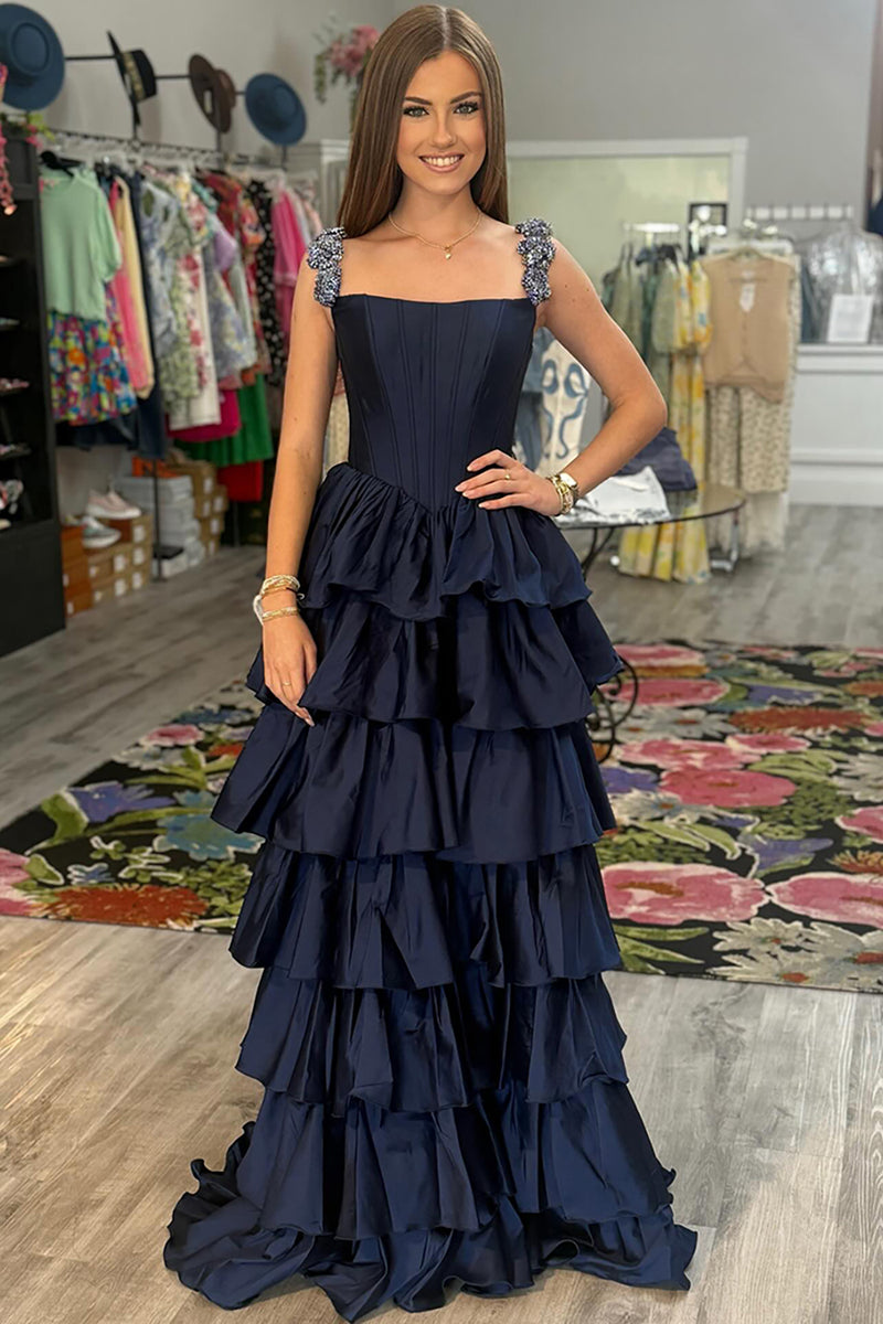 Load image into Gallery viewer, Sparkly Blue Satin A Line Ruffled Long Corset Prom Dress with Rhinestones