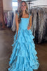 Load image into Gallery viewer, Sparkly Blue Satin A Line Ruffled Long Corset Prom Dress with Rhinestones