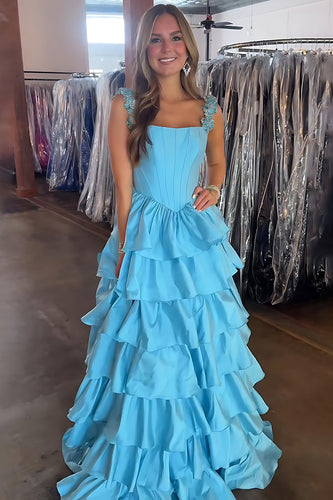 Sparkly Blue Satin A Line Ruffled Long Corset Prom Dress with Rhinestones