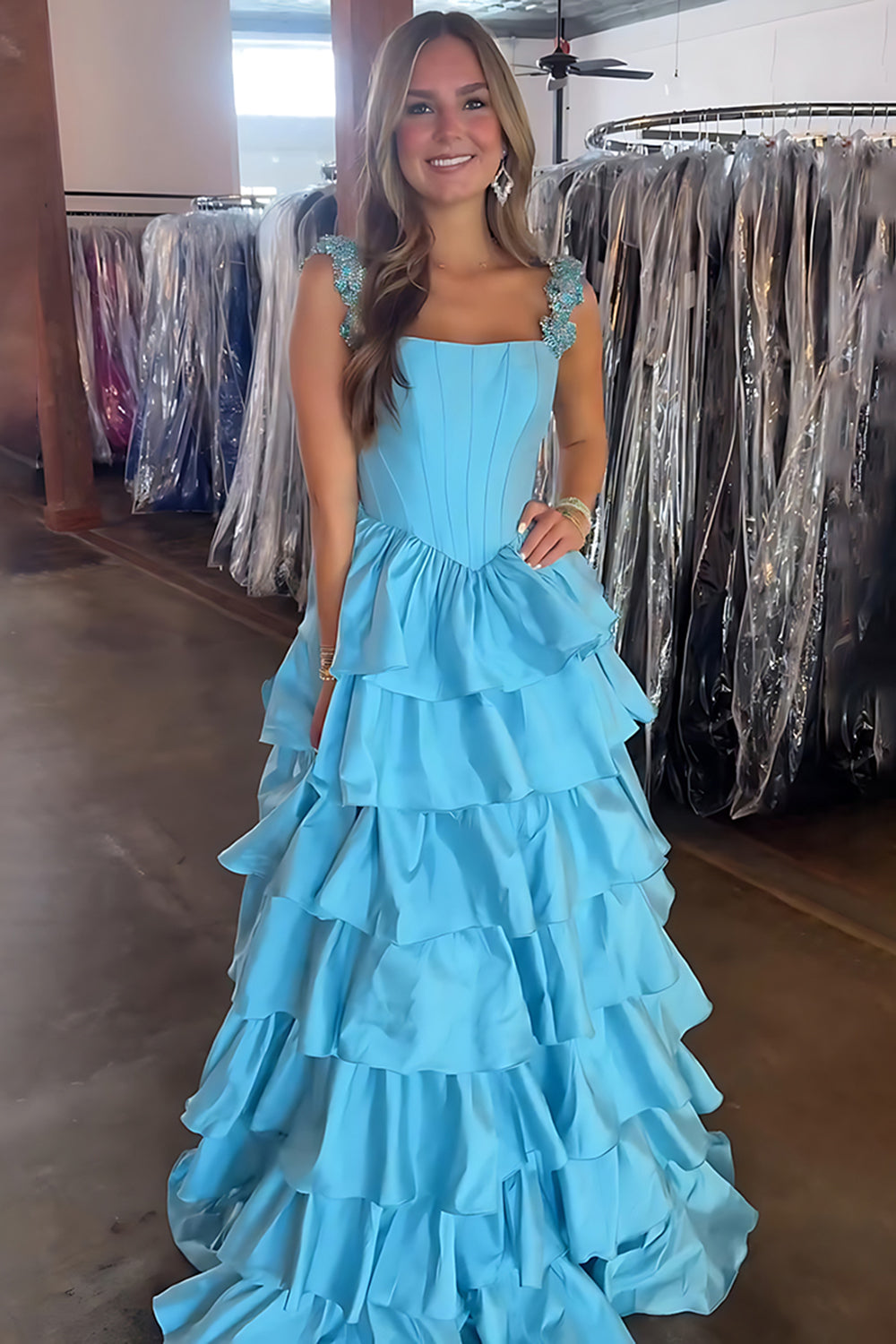 Sparkly Blue Satin A Line Ruffled Long Corset Prom Dress with Rhinestones